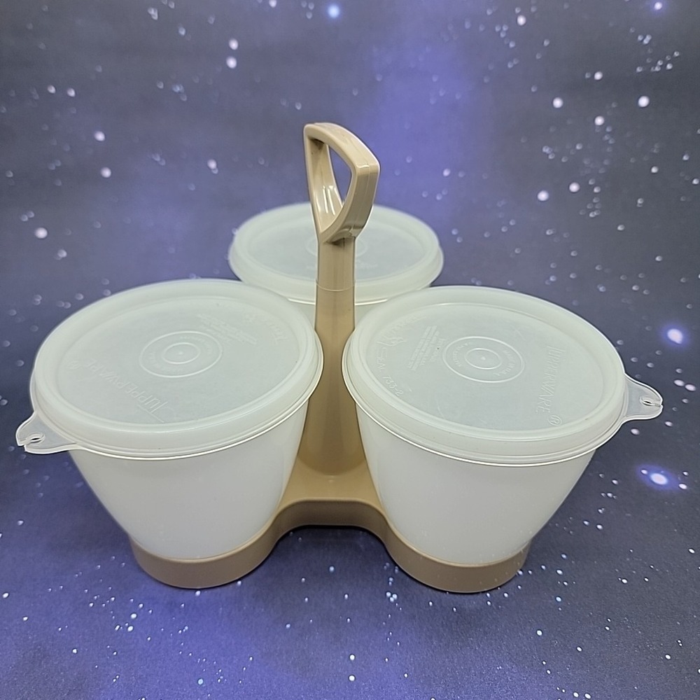 Vintage Tupperware Tan‎ Condiment Caddy Server Set With Bowls & Lids #757-4